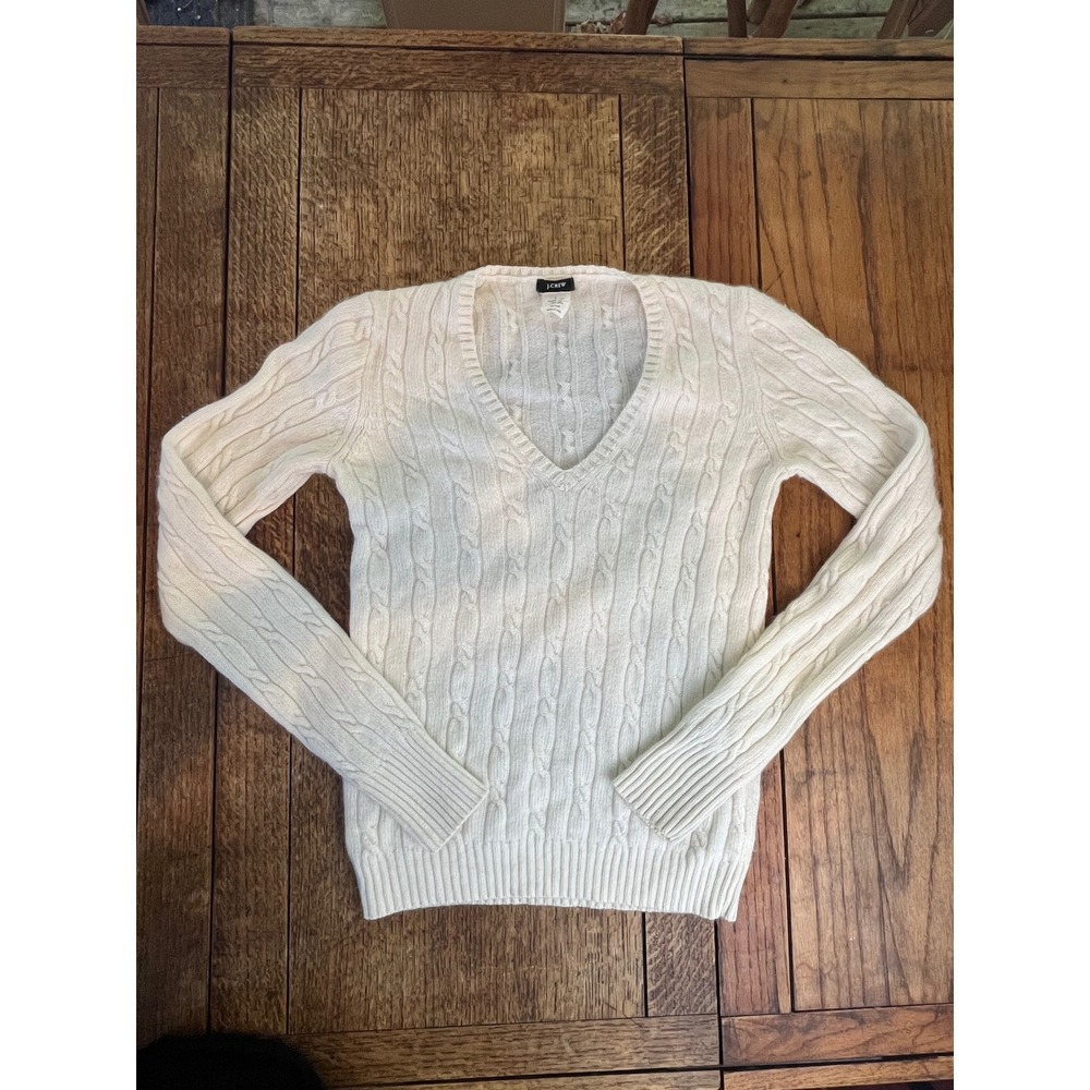 J. Crew wool angora cashmere blend cable knit V-neck white cream sweater S prep